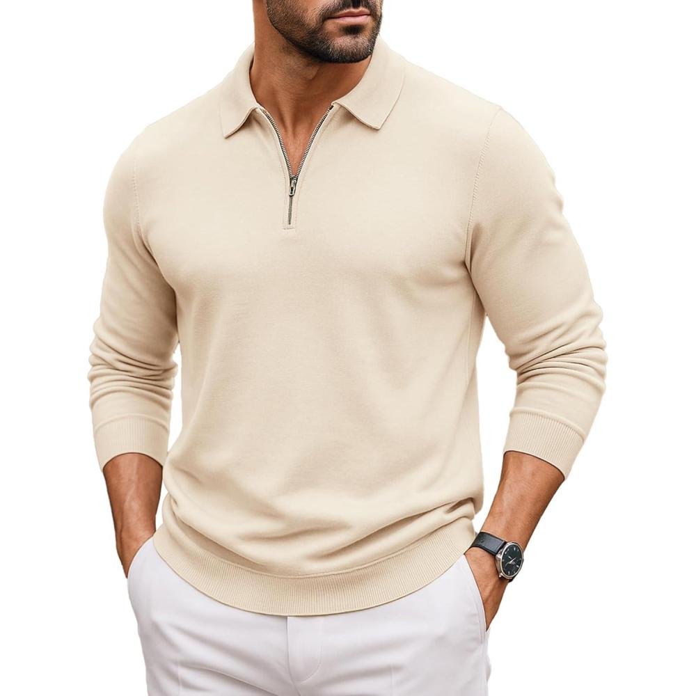 imageCOOFANDY Mens Quarter Zip Polo Sweater Long Sleeve Knit Polo Shirts Casual Lightweight Dress PulloverKhaki