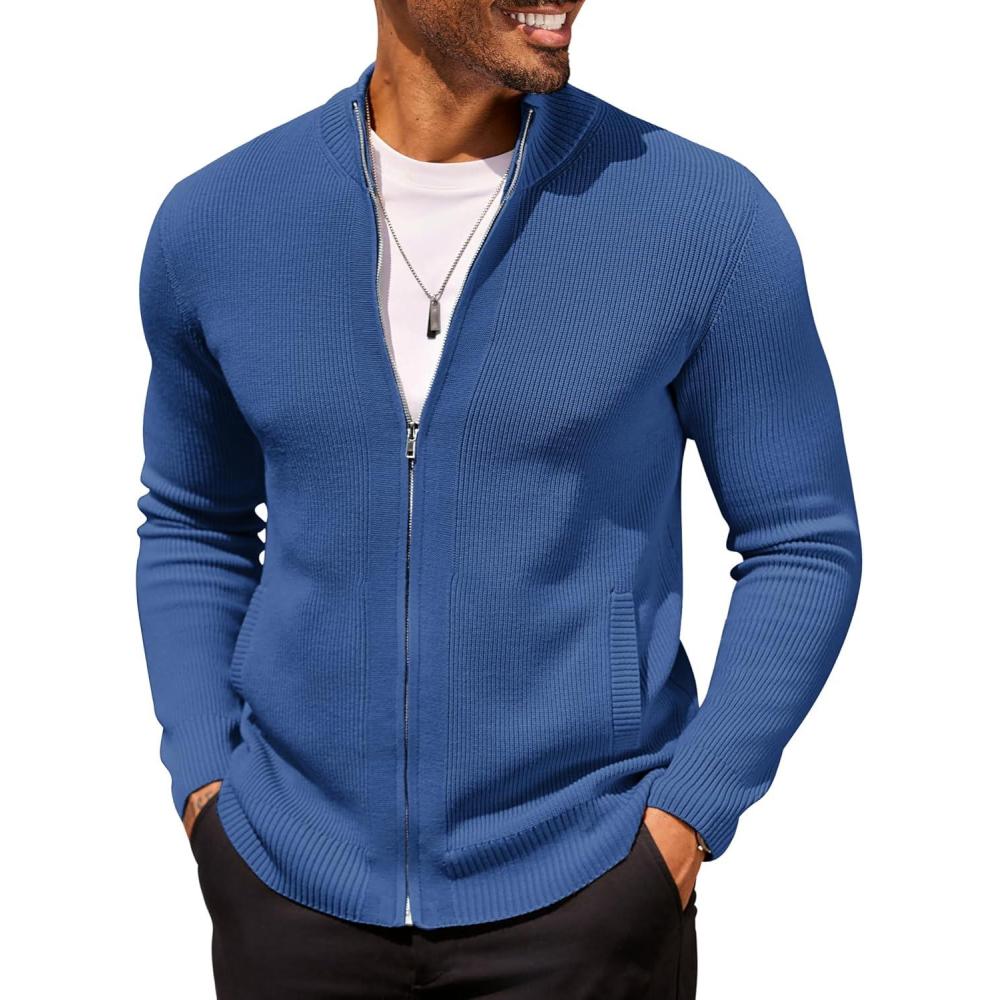 imageCOOFANDY Mens Zip Up Cardigan Sweater Slim Fit Casual Full Zip Sweaters Knit Stand Collar Cardigans with 2 Front PocketsBlue
