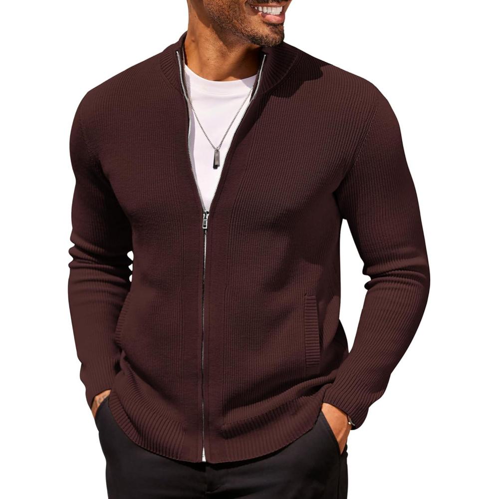 imageCOOFANDY Mens Zip Up Cardigan Sweater Slim Fit Casual Full Zip Sweaters Knit Stand Collar Cardigans with 2 Front PocketsBrown