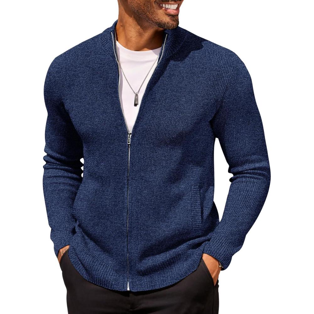 imageCOOFANDY Mens Zip Up Cardigan Sweater Slim Fit Casual Full Zip Sweaters Knit Stand Collar Cardigans with 2 Front PocketsDark Blue