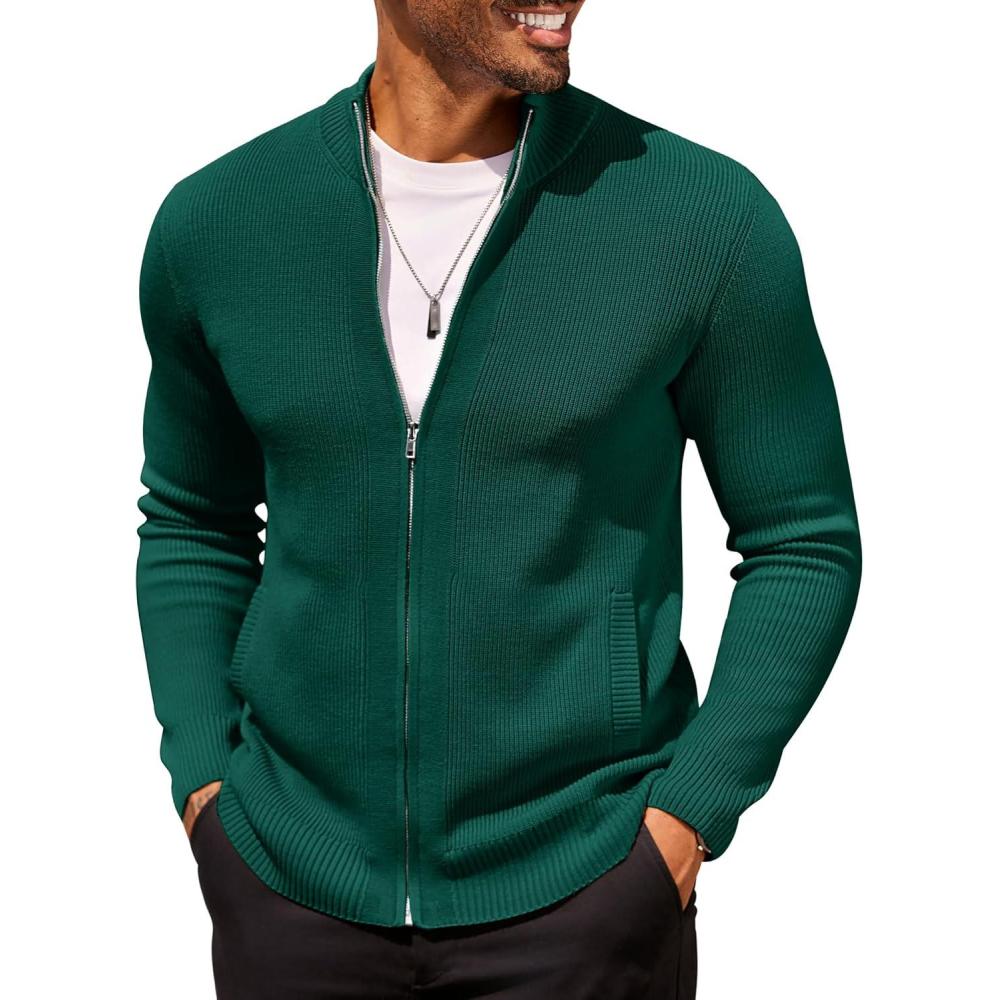 imageCOOFANDY Mens Zip Up Cardigan Sweater Slim Fit Casual Full Zip Sweaters Knit Stand Collar Cardigans with 2 Front PocketsGreen