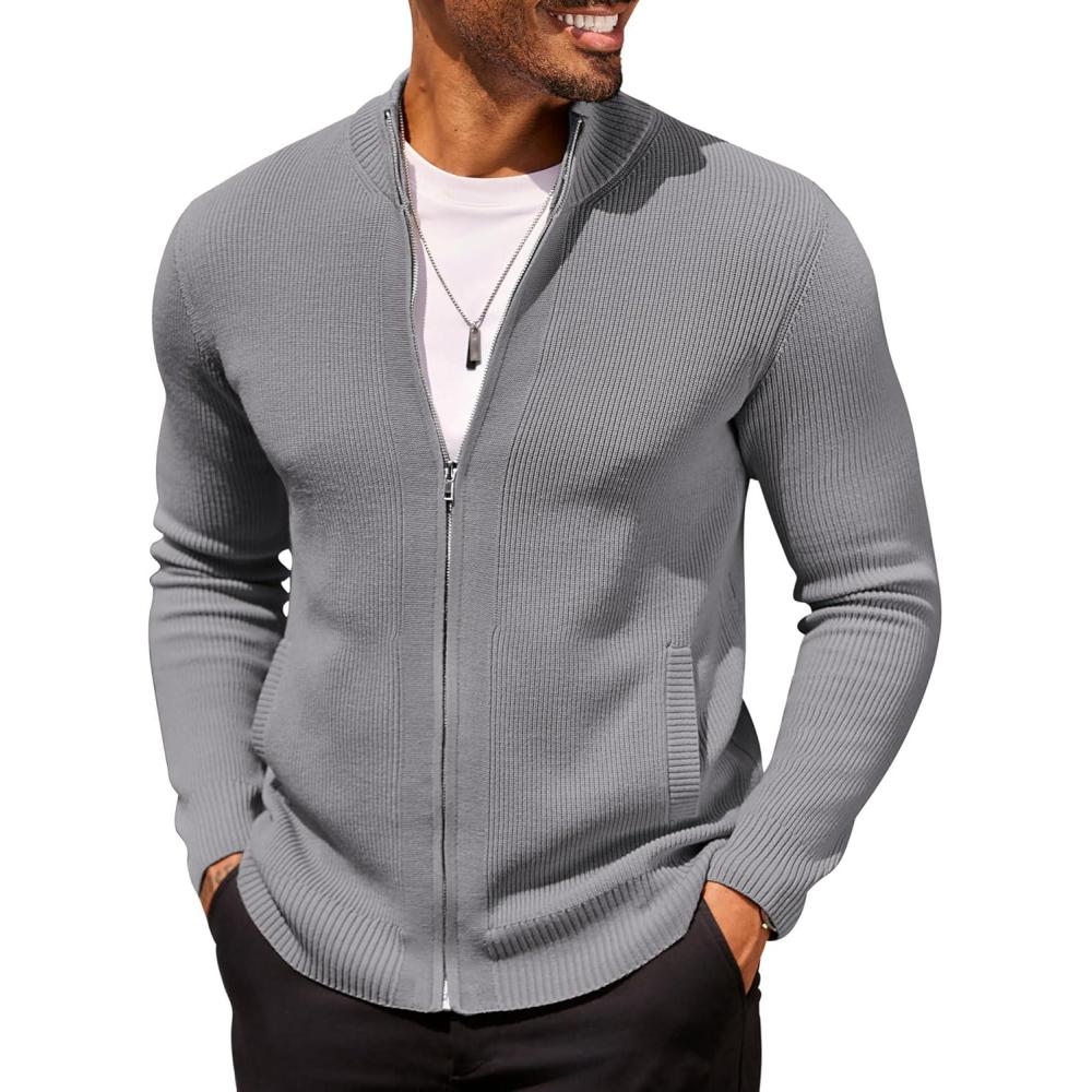 imageCOOFANDY Mens Zip Up Cardigan Sweater Slim Fit Casual Full Zip Sweaters Knit Stand Collar Cardigans with 2 Front PocketsGrey