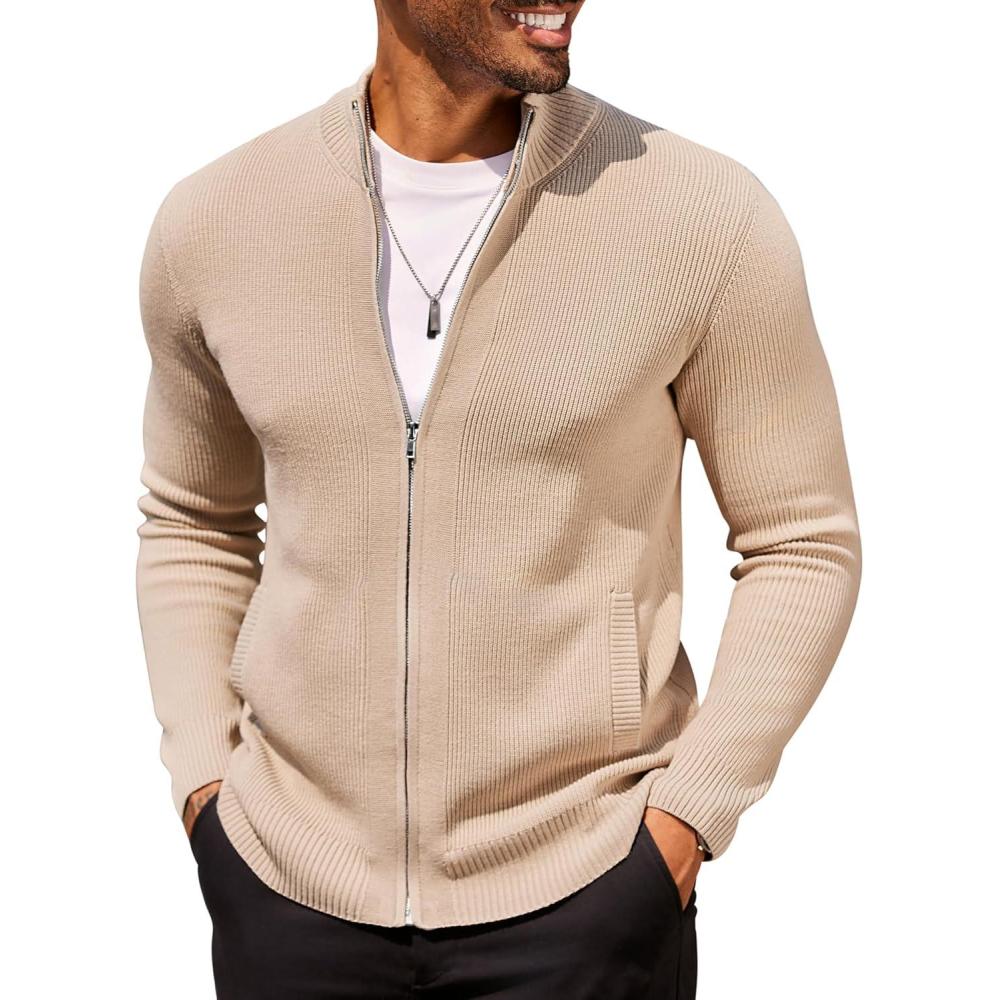 imageCOOFANDY Mens Zip Up Cardigan Sweater Slim Fit Casual Full Zip Sweaters Knit Stand Collar Cardigans with 2 Front PocketsKhaki