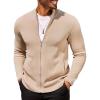 COOFANDY Mens Zip Up Cardigan Sweater Slim Fit Casual Full Zip Sweaters Knit Stand Collar Cardigans with 2 Front Pockets(Khaki)
