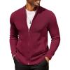 COOFANDY Mens Zip Up Cardigan Sweater Slim Fit Casual Full Zip Sweaters Knit Stand Collar Cardigans with 2 Front Pockets(Wine Red)