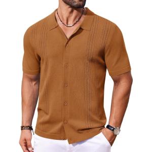 COOFANDY Men Casual Button Down Shirts Short Sleeve Summer Beach Shirt Fashion Camp Tops(Caramel)