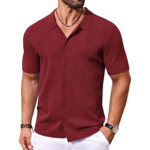 COOFANDY Men Casual Button Down Shirts Short Sleeve Summer Beach Shirt Fashion Camp Tops(Wine Red)