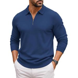 COOFANDY Mens Quarter Zip Polo Sweater Long Sleeve Knit Polo Shirts Casual Lightweight Dress Pullover(Blue)