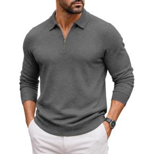 COOFANDY Mens Quarter Zip Polo Sweater Long Sleeve Knit Polo Shirts Casual Lightweight Dress Pullover(Dark Grey)