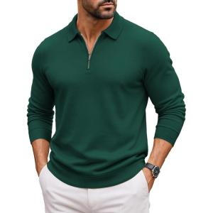 COOFANDY Mens Quarter Zip Polo Sweater Long Sleeve Knit Polo Shirts Casual Lightweight Dress Pullover(Green)