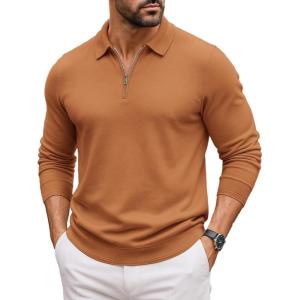 COOFANDY Mens Quarter Zip Polo Sweater Long Sleeve Knit Polo Shirts Casual Lightweight Dress Pullover(Light Brown)