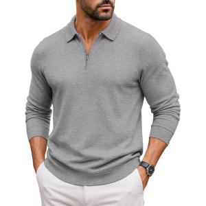 COOFANDY Mens Quarter Zip Polo Sweater Long Sleeve Knit Polo Shirts Casual Lightweight Dress Pullover(Light Gray)