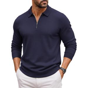 COOFANDY Mens Quarter Zip Polo Sweater Long Sleeve Knit Polo Shirts Casual Lightweight Dress Pullover(Navy Blue)