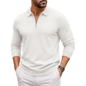 COOFANDY Mens Quarter Zip Polo Sweater Long Sleeve Knit Polo Shirts Casual Lightweight Dress Pullover(White)
