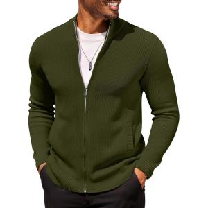 COOFANDY Mens Zip Up Cardigan Sweater Slim Fit Casual Full Zip Sweaters Knit Stand Collar Cardigans with 2 Front Pockets(Army Green)