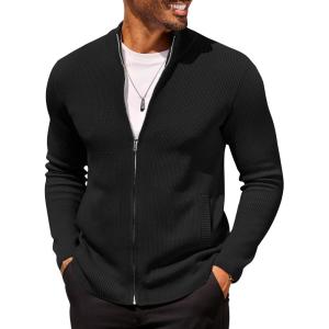 COOFANDY Mens Zip Up Cardigan Sweater Slim Fit Casual Full Zip Sweaters Knit Stand Collar Cardigans with 2 Front Pockets(Black)