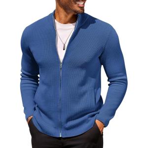 COOFANDY Mens Zip Up Cardigan Sweater Slim Fit Casual Full Zip Sweaters Knit Stand Collar Cardigans with 2 Front Pockets(Blue)