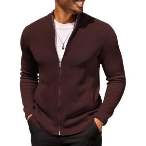 COOFANDY Mens Zip Up Cardigan Sweater Slim Fit Casual Full Zip Sweaters Knit Stand Collar Cardigans with 2 Front Pockets(Brown)