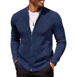 COOFANDY Mens Zip Up Cardigan Sweater Slim Fit Casual Full Zip Sweaters Knit Stand Collar Cardigans with 2 Front Pockets(Dark Blue)