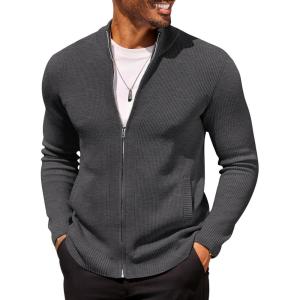 COOFANDY Mens Zip Up Cardigan Sweater Slim Fit Casual Full Zip Sweaters Knit Stand Collar Cardigans with 2 Front Pockets(Dark Gray)