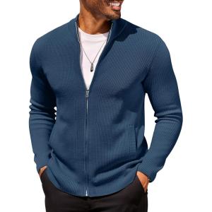 COOFANDY Mens Zip Up Cardigan Sweater Slim Fit Casual Full Zip Sweaters Knit Stand Collar Cardigans with 2 Front Pockets(Deep Blue)
