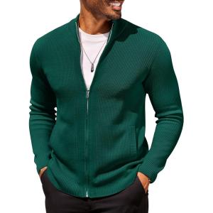 COOFANDY Mens Zip Up Cardigan Sweater Slim Fit Casual Full Zip Sweaters Knit Stand Collar Cardigans with 2 Front Pockets(Green)