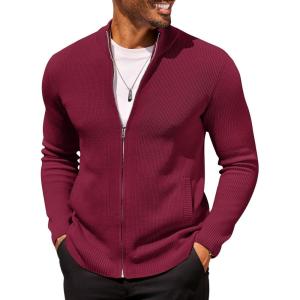 COOFANDY Mens Zip Up Cardigan Sweater Slim Fit Casual Full Zip Sweaters Knit Stand Collar Cardigans with 2 Front Pockets(Wine Red)