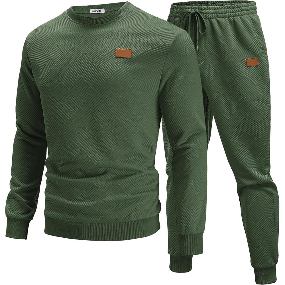 imageCOOFANDY Mens Tracksuit 2 Piece Set Crewneck Sweatsuits Jogging Suit Sets Long Sleeve Jacquard Pullover Shirt OutfitsArmy Green