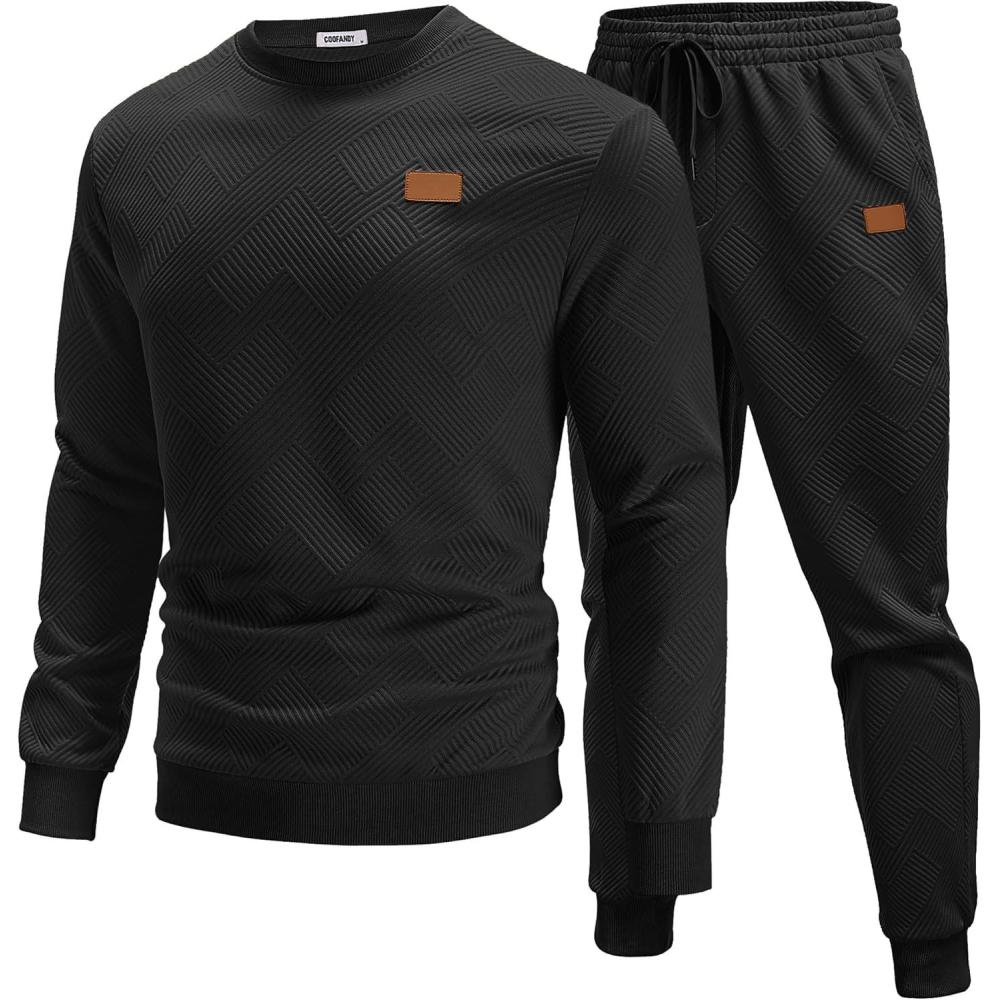 imageCOOFANDY Mens Tracksuit 2 Piece Set Crewneck Sweatsuits Jogging Suit Sets Long Sleeve Jacquard Pullover Shirt OutfitsBlack