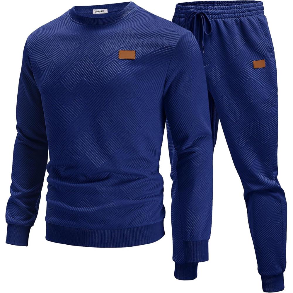 imageCOOFANDY Mens Tracksuit 2 Piece Set Crewneck Sweatsuits Jogging Suit Sets Long Sleeve Jacquard Pullover Shirt OutfitsNavy Blue