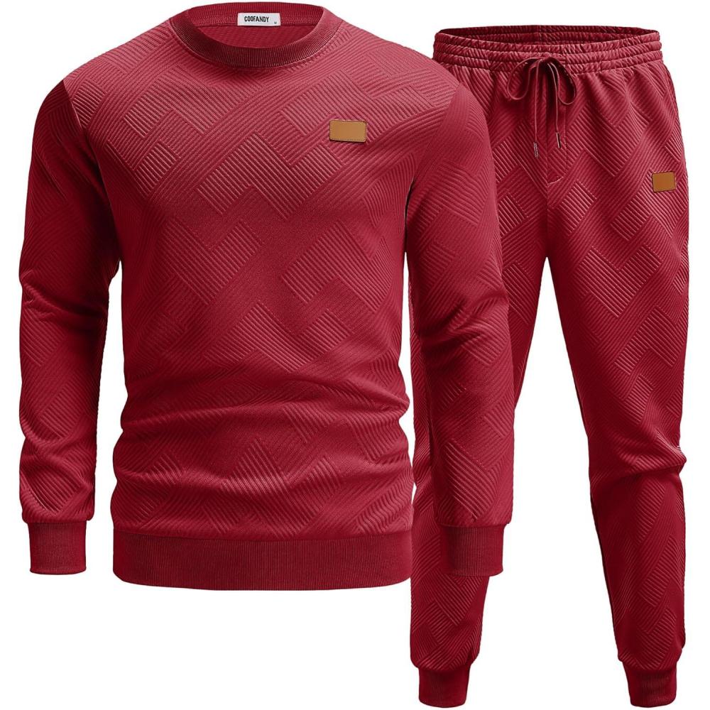 imageCOOFANDY Mens Tracksuit 2 Piece Set Crewneck Sweatsuits Jogging Suit Sets Long Sleeve Jacquard Pullover Shirt OutfitsWine Red