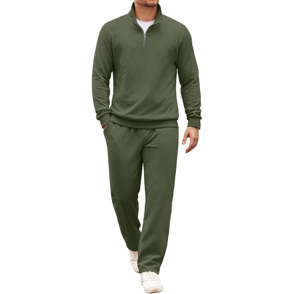 imageCOOFANDY Mens Tracksuit 2 Piece Set Geometric Texture Quarter Zip Pullover Sweatshirt Athletic Running SweatsuitsArmy Green