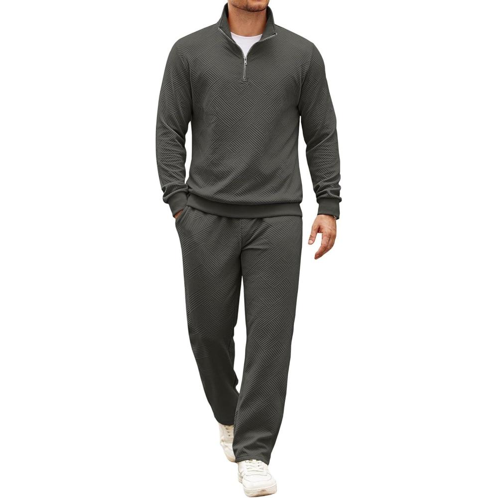 imageCOOFANDY Mens Tracksuit 2 Piece Set Geometric Texture Quarter Zip Pullover Sweatshirt Athletic Running SweatsuitsDark Grey