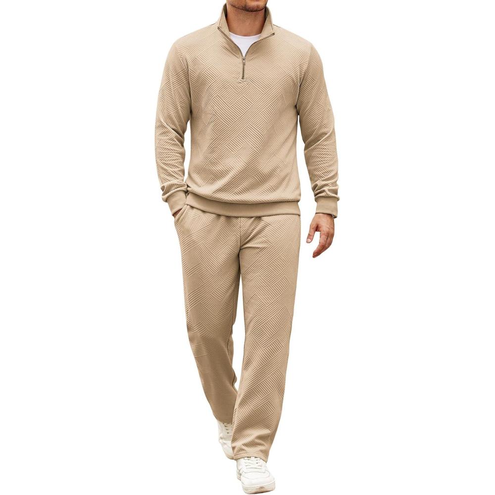 imageCOOFANDY Mens Tracksuit 2 Piece Set Geometric Texture Quarter Zip Pullover Sweatshirt Athletic Running SweatsuitsKhaki