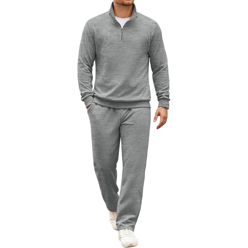 imageCOOFANDY Mens Tracksuit 2 Piece Set Geometric Texture Quarter Zip Pullover Sweatshirt Athletic Running SweatsuitsLight Grey