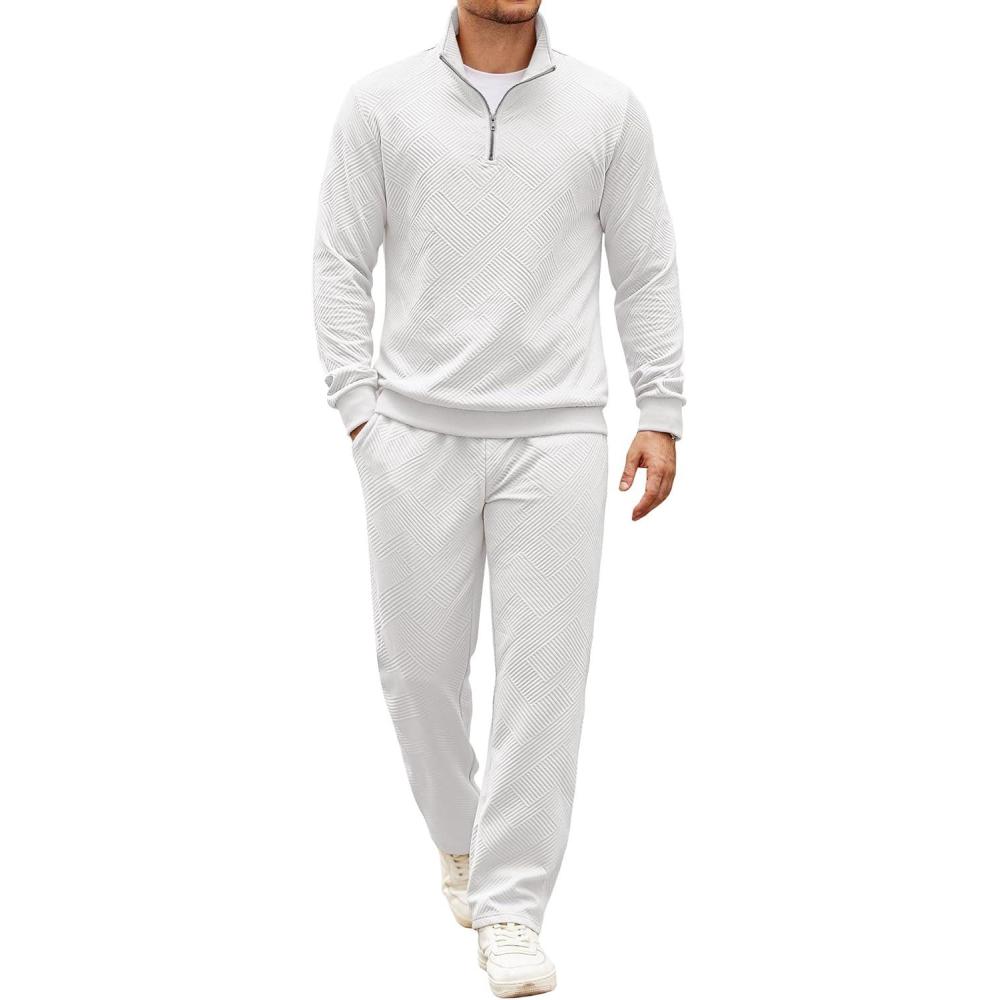 imageCOOFANDY Mens Tracksuit 2 Piece Set Geometric Texture Quarter Zip Pullover Sweatshirt Athletic Running SweatsuitsWhite