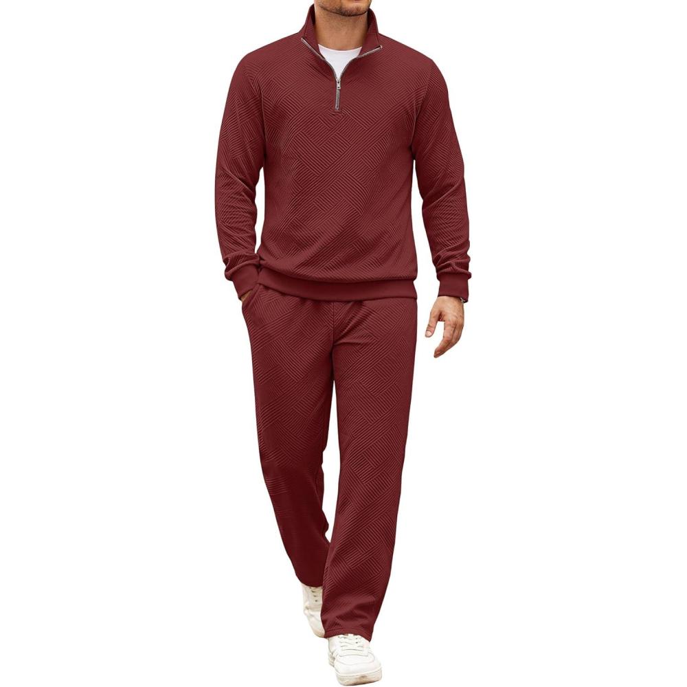 imageCOOFANDY Mens Tracksuit 2 Piece Set Geometric Texture Quarter Zip Pullover Sweatshirt Athletic Running SweatsuitsWine Red