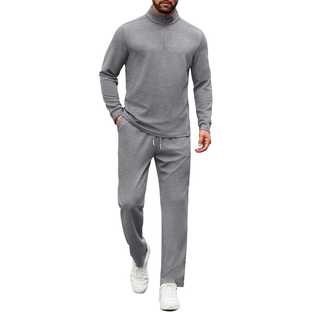 imageCOOFANDY Mens Tracksuits 2 Piece Casual Athletic Sweatsuit Quarter Zip Pullover Long Sleeve Running Sport OutfitsLight Grey