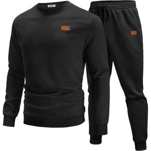 COOFANDY Mens Tracksuit 2 Piece Set Crewneck Sweatsuits Jogging Suit Sets Long Sleeve Jacquard Pullover Shirt Outfits(Black)