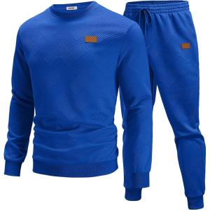 COOFANDY Mens Tracksuit 2 Piece Set Crewneck Sweatsuits Jogging Suit Sets Long Sleeve Jacquard Pullover Shirt Outfits(Bright Blue)