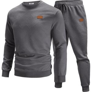 COOFANDY Mens Tracksuit 2 Piece Set Crewneck Sweatsuits Jogging Suit Sets Long Sleeve Jacquard Pullover Shirt Outfits(Dark Grey)