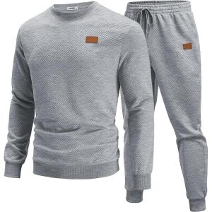 COOFANDY Mens Tracksuit 2 Piece Set Crewneck Sweatsuits Jogging Suit Sets Long Sleeve Jacquard Pullover Shirt Outfits(Light Grey)