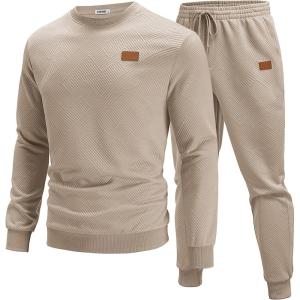 COOFANDY Mens Tracksuit 2 Piece Set Crewneck Sweatsuits Jogging Suit Sets Long Sleeve Jacquard Pullover Shirt Outfits(Medium Khaki)