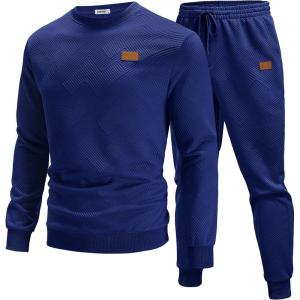 COOFANDY Mens Tracksuit 2 Piece Set Crewneck Sweatsuits Jogging Suit Sets Long Sleeve Jacquard Pullover Shirt Outfits(Navy Blue)