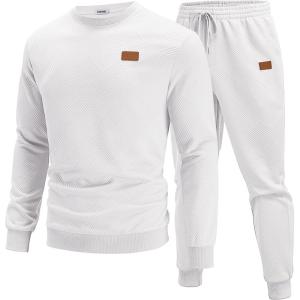 COOFANDY Mens Tracksuit 2 Piece Set Crewneck Sweatsuits Jogging Suit Sets Long Sleeve Jacquard Pullover Shirt Outfits(White)