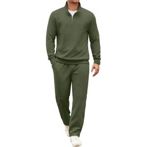 COOFANDY Men’s Tracksuit 2 Piece Set Geometric Texture Quarter Zip Pullover Sweatshirt Athletic Running Sweatsuits(Army Green)