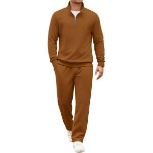 COOFANDY Men’s Tracksuit 2 Piece Set Geometric Texture Quarter Zip Pullover Sweatshirt Athletic Running Sweatsuits(Light Brown)