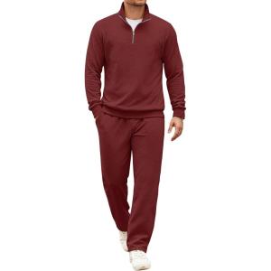 COOFANDY Men’s Tracksuit 2 Piece Set Geometric Texture Quarter Zip Pullover Sweatshirt Athletic Running Sweatsuits(Wine Red)