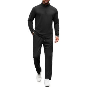 COOFANDY Men’s Tracksuits 2 Piece Casual Athletic Sweatsuit Quarter Zip Pullover Long Sleeve Running Sport Outfits(Black)