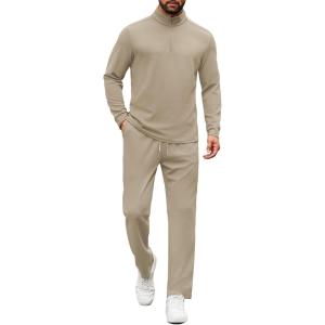 COOFANDY Men’s Tracksuits 2 Piece Casual Athletic Sweatsuit Quarter Zip Pullover Long Sleeve Running Sport Outfits(Light Khaki)